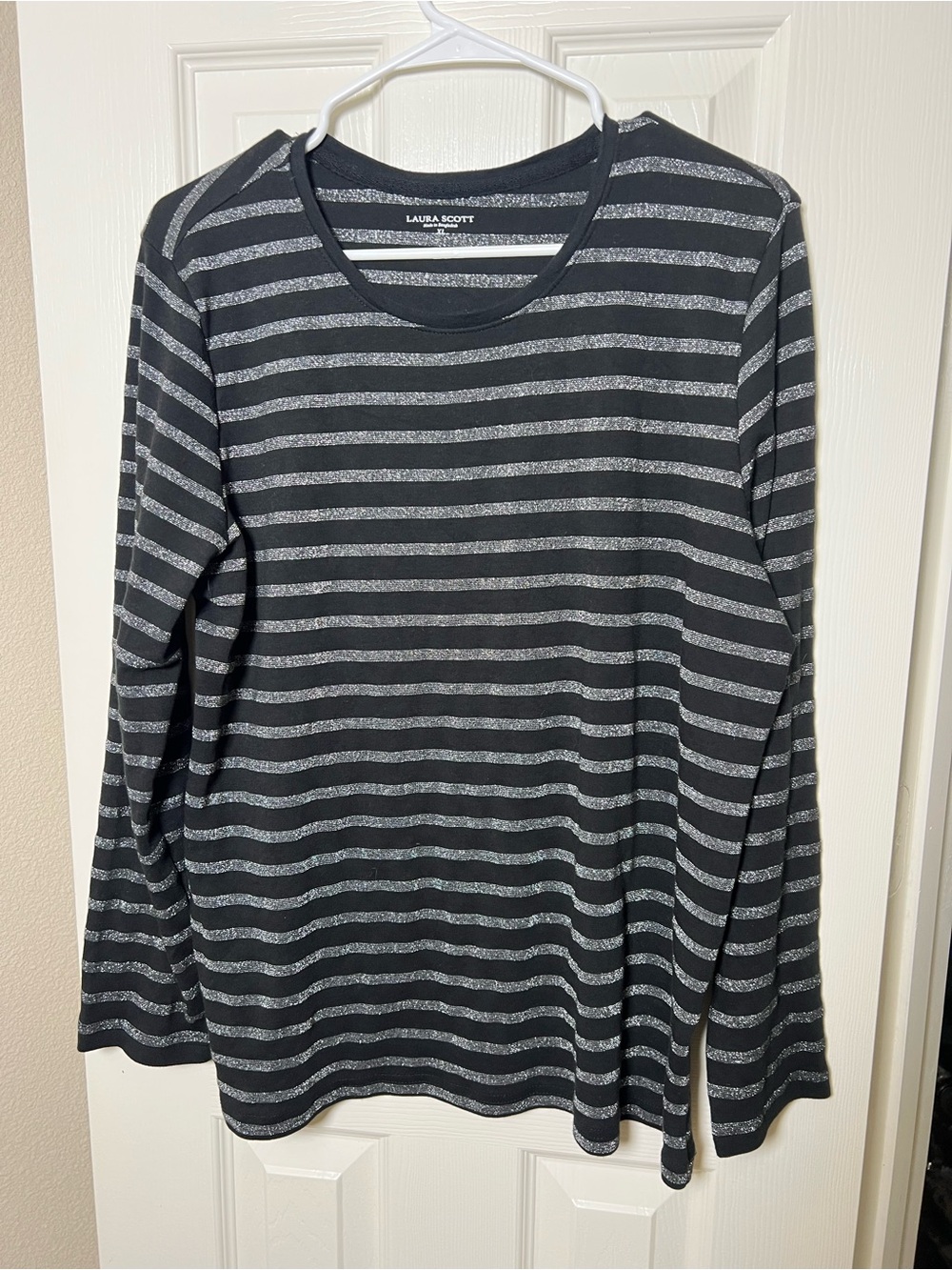 LAURA SCOTT SHIRT LONG SLEEVE BLACK/SILVER METALLIC COTTON BLEND STRIPED TOP XL